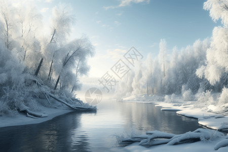 覆盖有霜的白雪覆盖的树木设计图片