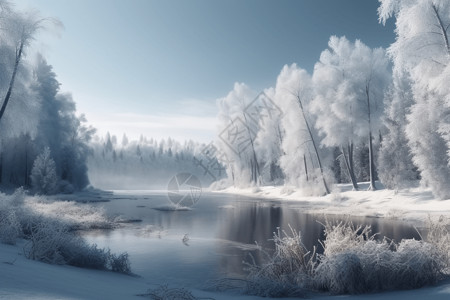 河流结冰寒冷的冬季景观设计图片