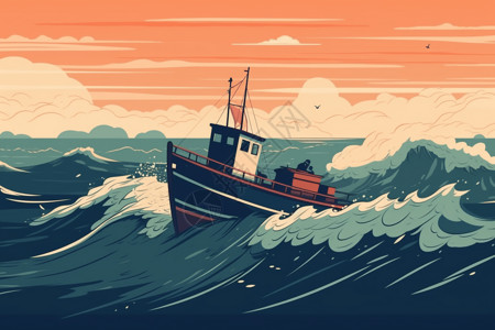 渔船在海浪中航行图片