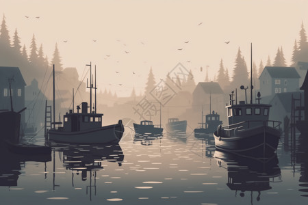 雾之海海面上船只的轮廓插画