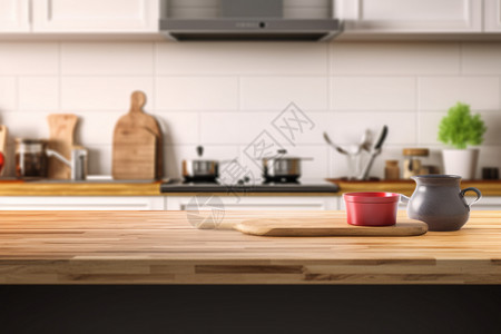 红色水壶家居厨房的木质台面3D效果图设计图片