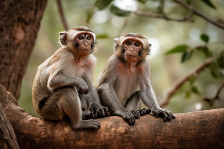 两只小猴子在树上凝视图背景图片