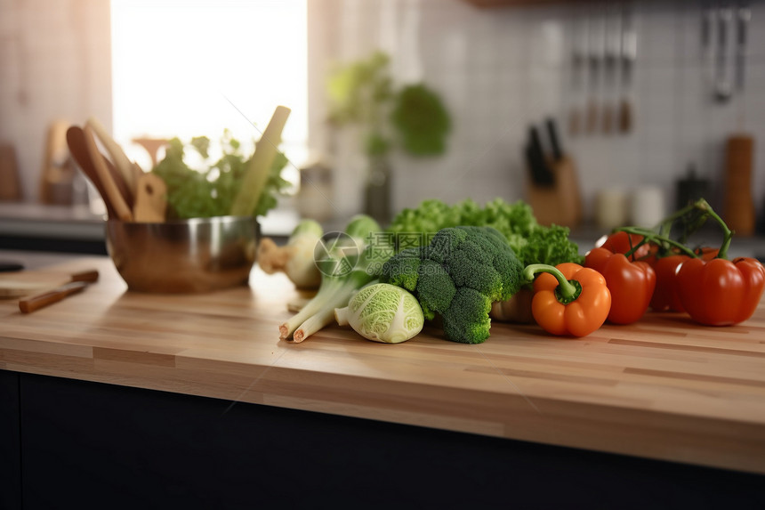 厨房木桌上的新鲜蔬菜图片