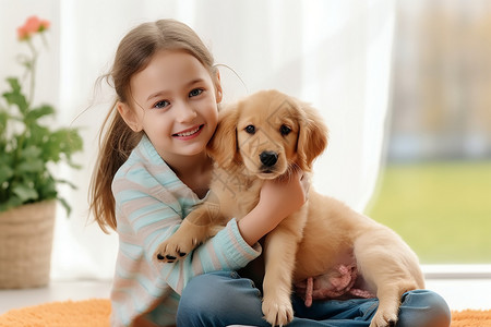 女孩牵着狗抱着可爱小狗的女孩背景