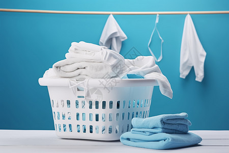 洗衣粉洗衣粉清洁卫生洗衣篮里的脏衣服背景