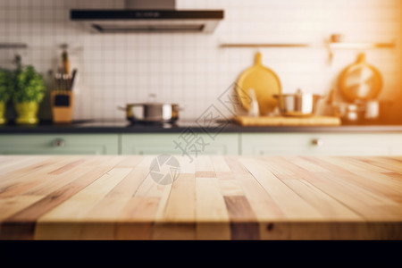 模糊的厨房和木制桌面背景图片