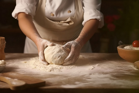 女性面包师揉面面包高清图片