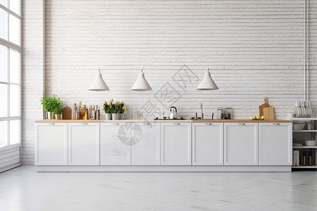 白色的砖墙现代简约白色厨房内部设计图片