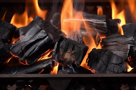 铁烤架上的黑煤背景图片