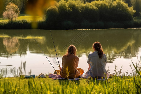 两个年轻女孩坐在湖边钓鱼图片