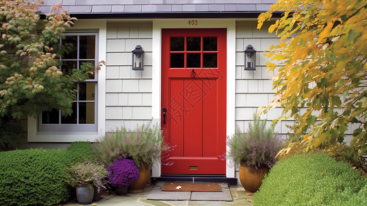 红色的木门和庭院景观背景图片