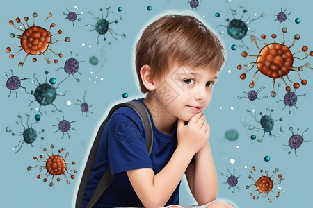 男孩被蚊子叮咬被细菌围绕的男孩设计图片