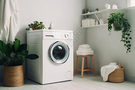 做家务的女性把脏衣服放入洗衣机家居洗衣房效果图设计图片