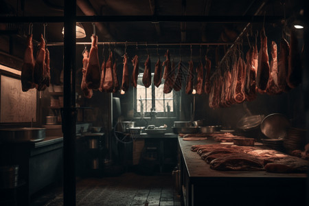 未加工的肉店挂着各种肉背景