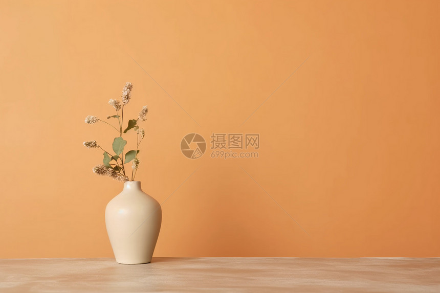 花瓶与米色背景的桌子上的鲜花图片
