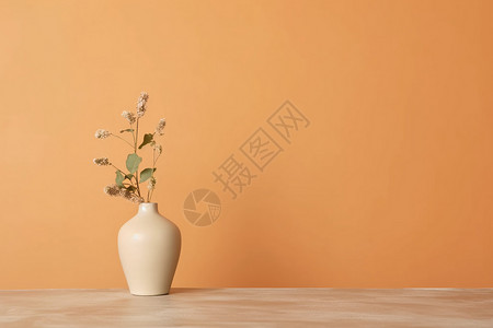 花瓶与米色背景的桌子上的鲜花背景图片