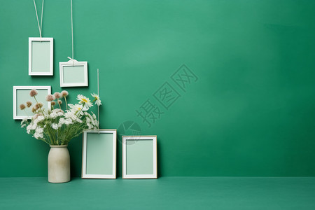 花和相框挂在绿色高清图片
