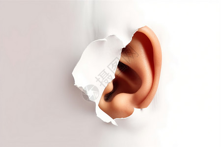 女性耳朵女人的耳朵从撕破的白纸中露出来设计图片