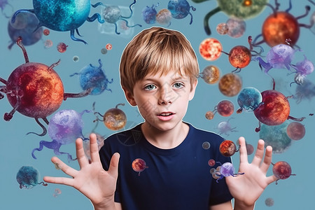 被打的孩子被细菌包围的男孩设计图片