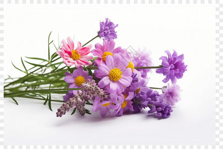 新鲜花束紫色小雏菊白色背景设计图片