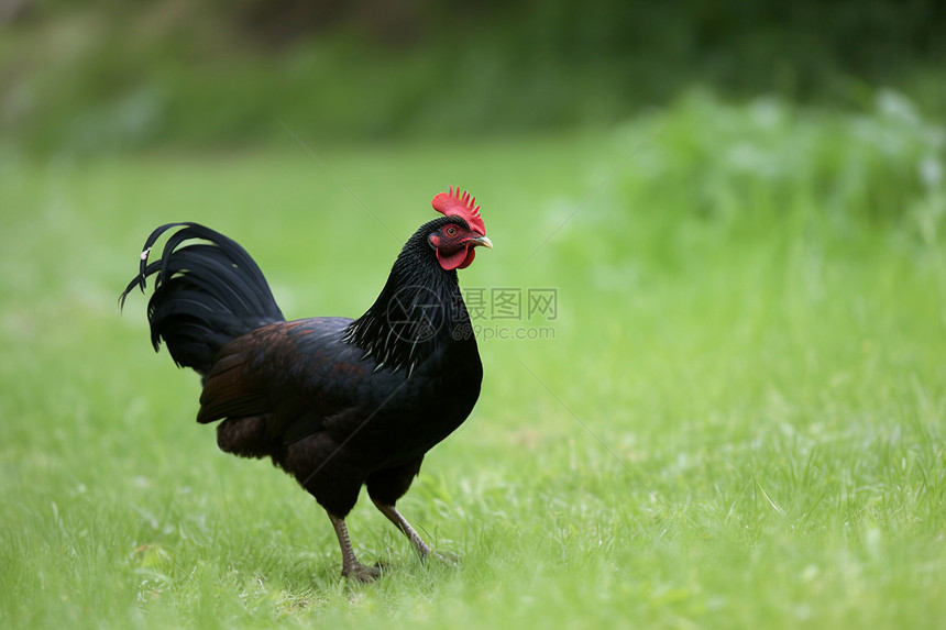 黑色羽毛母鸡走在绿色的田野上图片