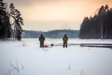 两个渔民在冬季以森林为背景捕鱼图片