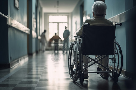 走廊中坐在轮椅上的患者医院高清图片素材