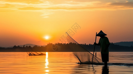夕阳下渔民出海捕鱼背景