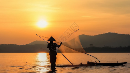 在湖边捕鱼的渔民图片