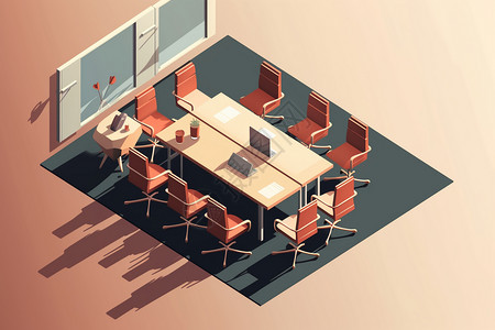 简约会议室有椅子和桌子的会议室平面插图插画