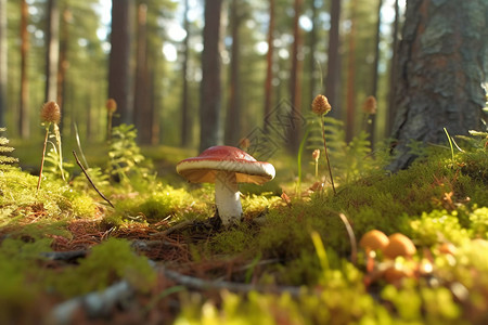松树林中的蘑菇高清图片