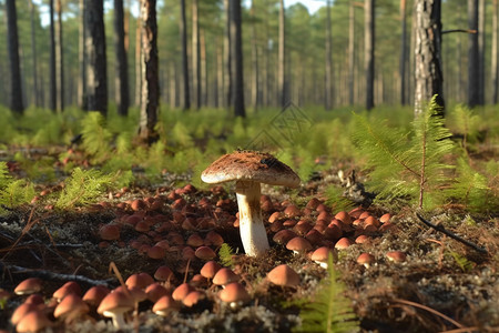 棕色林蚁蘑菇种植松树林背景