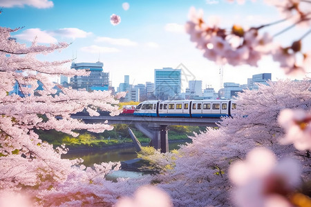 穿行在樱花中的电车高清图片