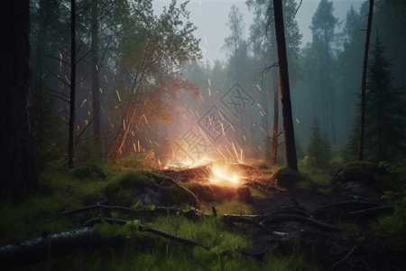 松林散步小道雷击后森林着火设计图片