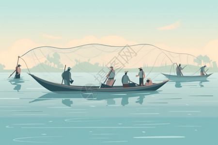 渔民捕鱼素材渔民捕捞鱼群插画
