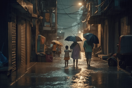 一家人在暴雨中打伞背景图片