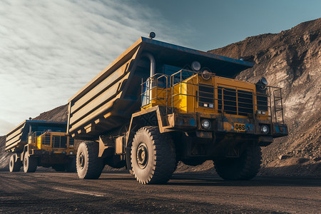 黄色岩石大型矿场自卸车运输矿石设计图片