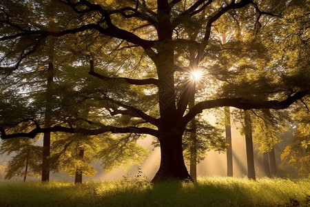 清晨森林中雄伟的橡树图片