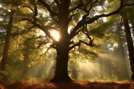 森林景观中雄伟的橡树背景图片