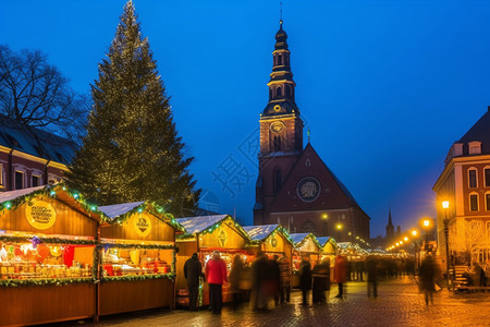圣诞节的教堂广场集市场景高清图片