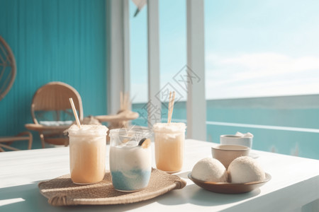 绿岛大白沙蓝天背景下的饮料和甜点背景