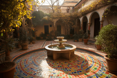 喷泉瓷砖阳光充足的庭院背景