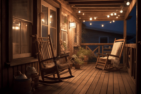 夜景乡村带摇椅的阳台设计图片