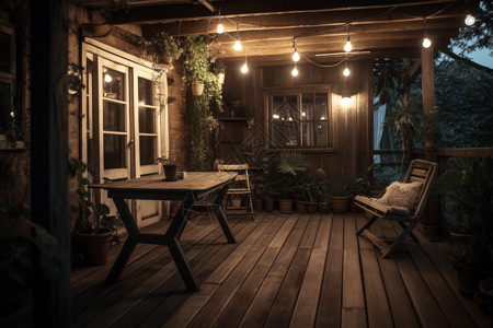 夜景乡村有串灯的木制阳台设计图片