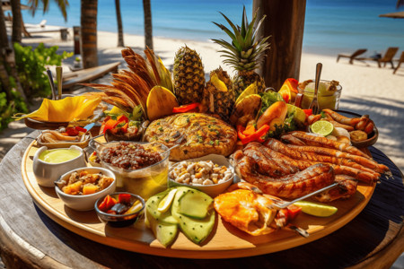 沙滩宴会竹板上烤肉和水果背景