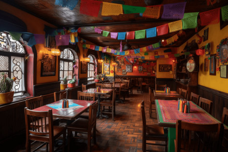 彩色旗帜装饰五彩的节日餐厅背景