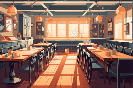 长桌和椅子家庭式餐厅插画