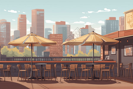 户外座椅餐厅露台观赏城市景色插画