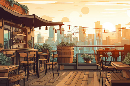露台餐厅餐厅户外的景色插画