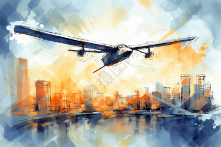 城市天际线上的飞机背景图片
